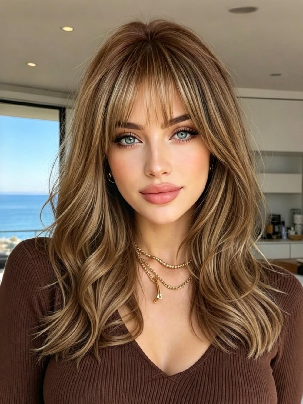 New XIXIBI Brown Mix Blonde Highlight Wig with Bangs for Women Layered Wavy